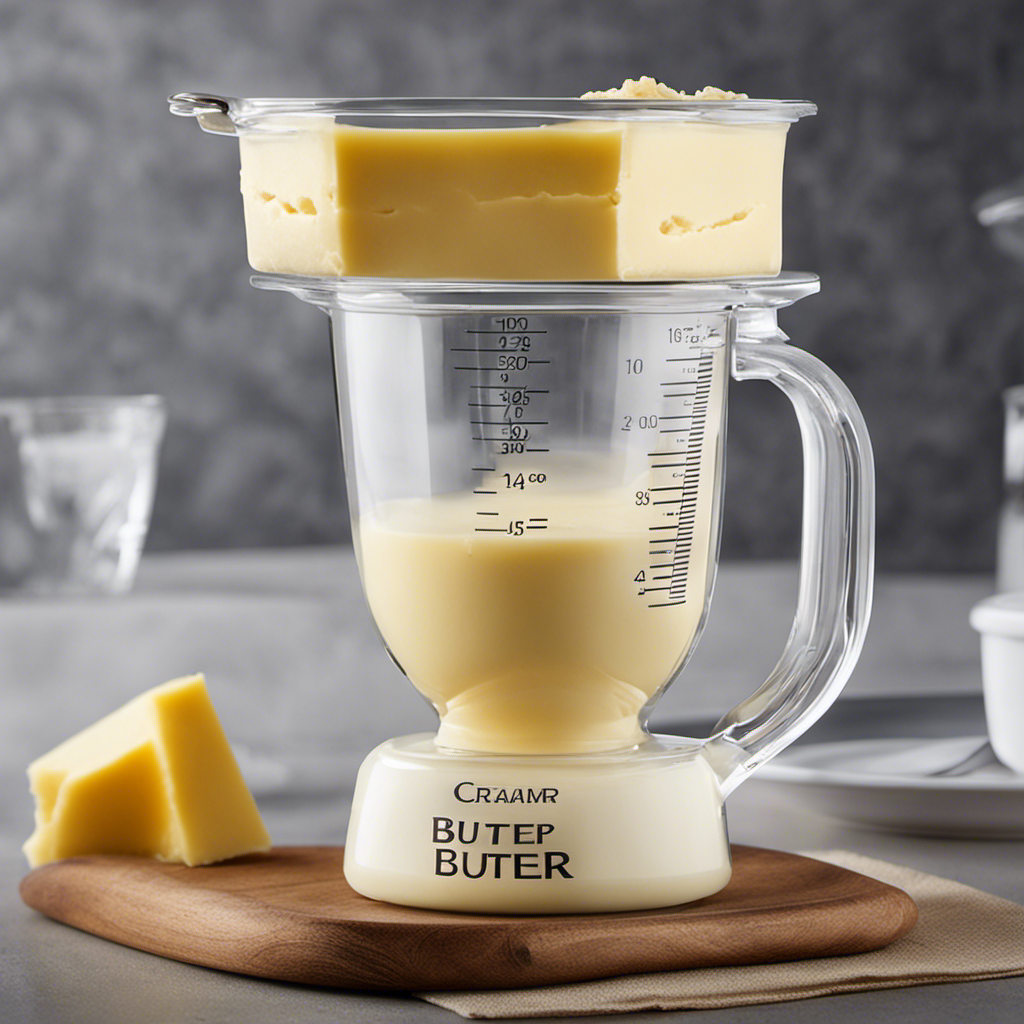 An image showcasing a transparent measuring cup filled with 1 cup of creamy butter, beautifully illustrating the exact weight in grams