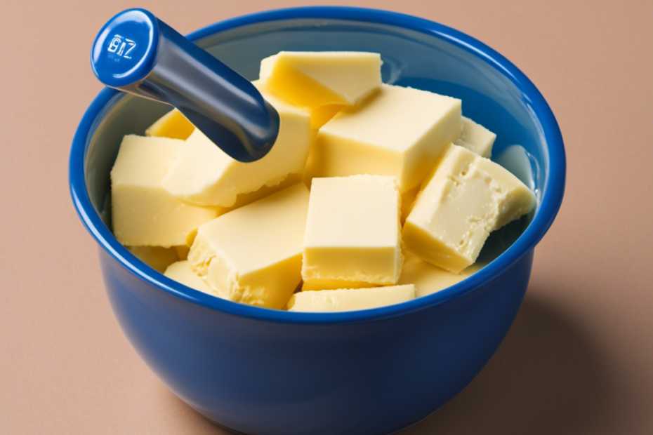 An image showcasing a measuring cup filled with precisely 227 grams of butter, visually representing the exact weight equivalent to 1 cup, for an informative blog post about butter measurements