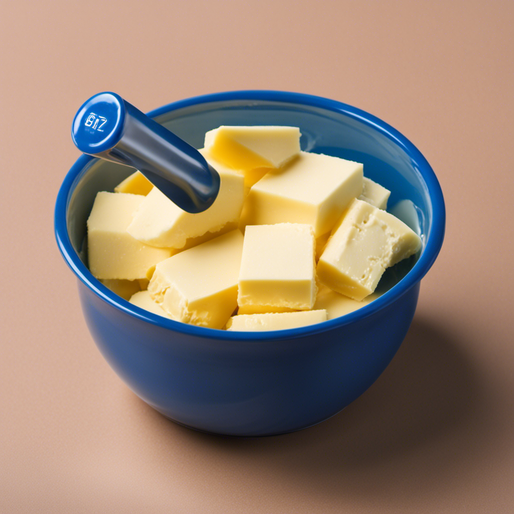 An image showcasing a measuring cup filled with precisely 227 grams of butter, visually representing the exact weight equivalent to 1 cup, for an informative blog post about butter measurements