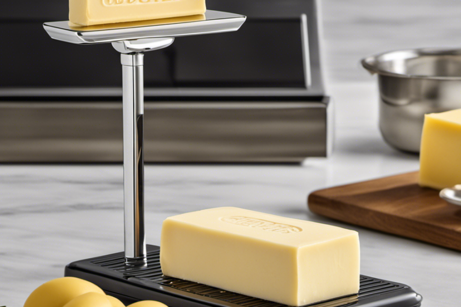An image showcasing a pristine stick of butter, unwrapped and sitting on a kitchen scale