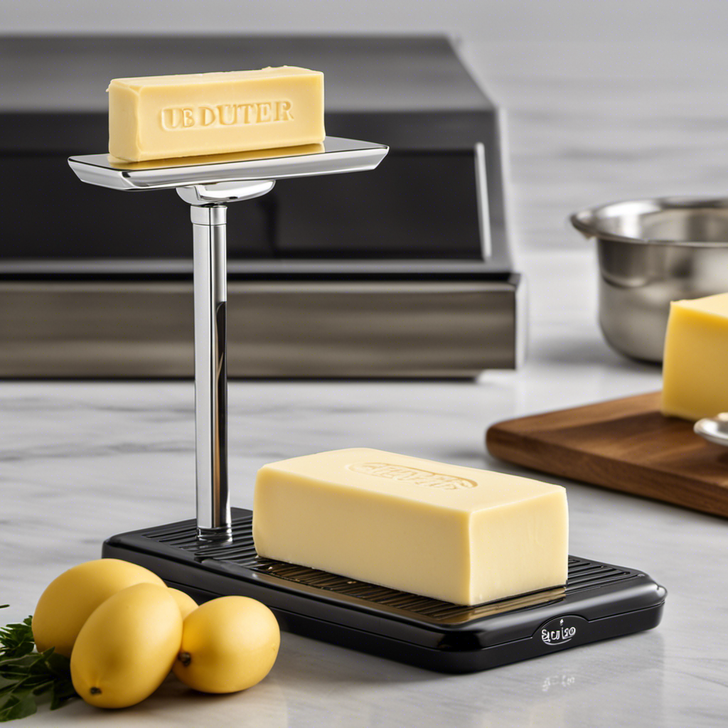 An image showcasing a pristine stick of butter, unwrapped and sitting on a kitchen scale