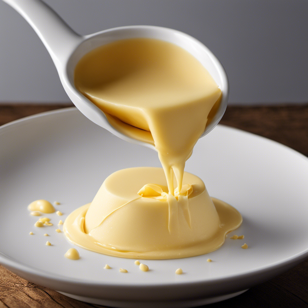 An image showcasing a sleek white tablespoon, filled with a smooth, golden blob of butter precisely weighing 14 grams, unraveling the mystery of how many grams are in 1 tablespoon
