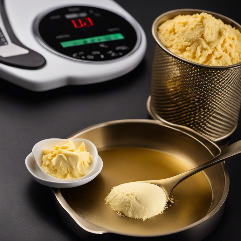 An image showcasing a tablespoon filled with creamy, golden butter, beside a precision scale displaying the exact weight in grams
