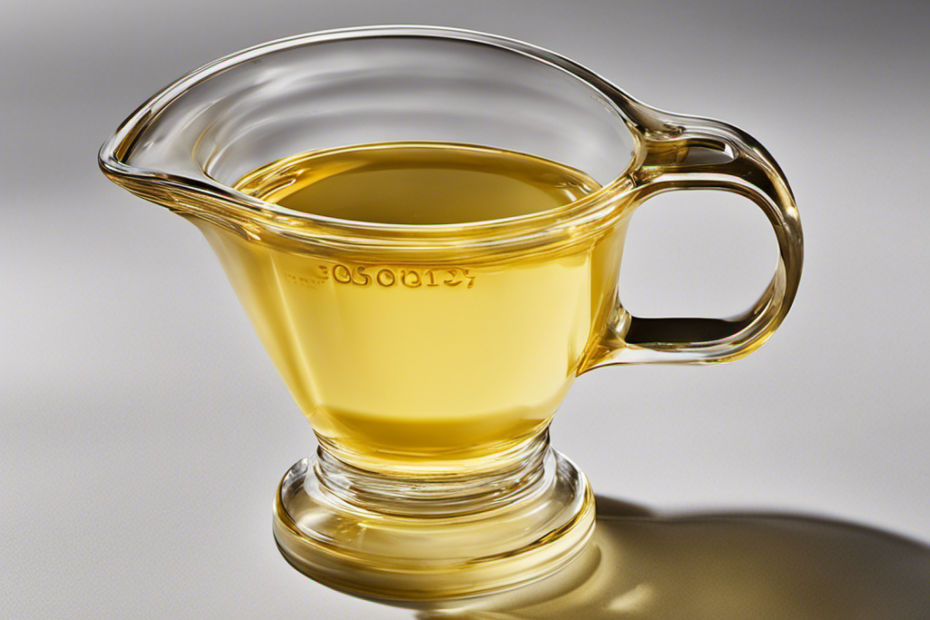 An image showcasing a clear glass measuring cup filled with melted butter up to the 2 tablespoons mark