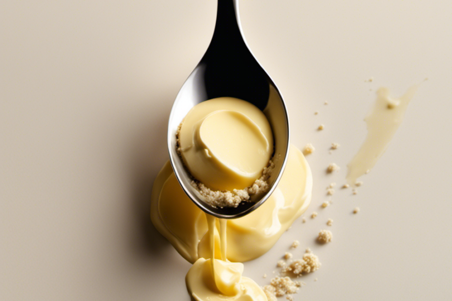 An image showcasing a measuring spoon filled with precisely measured 3 tablespoons of butter, beautifully highlighting its creamy texture and golden hue against a contrasting background