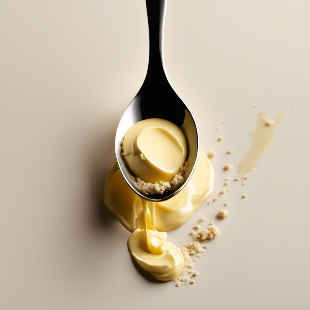 An image showcasing a measuring spoon filled with precisely measured 3 tablespoons of butter, beautifully highlighting its creamy texture and golden hue against a contrasting background