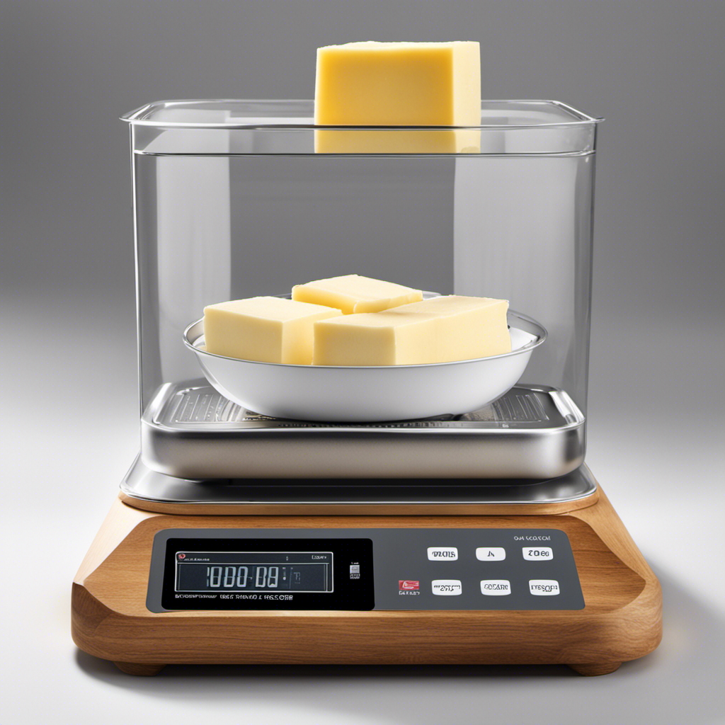 An image showcasing a digital scale displaying 3 tablespoons of butter, perfectly measured in grams