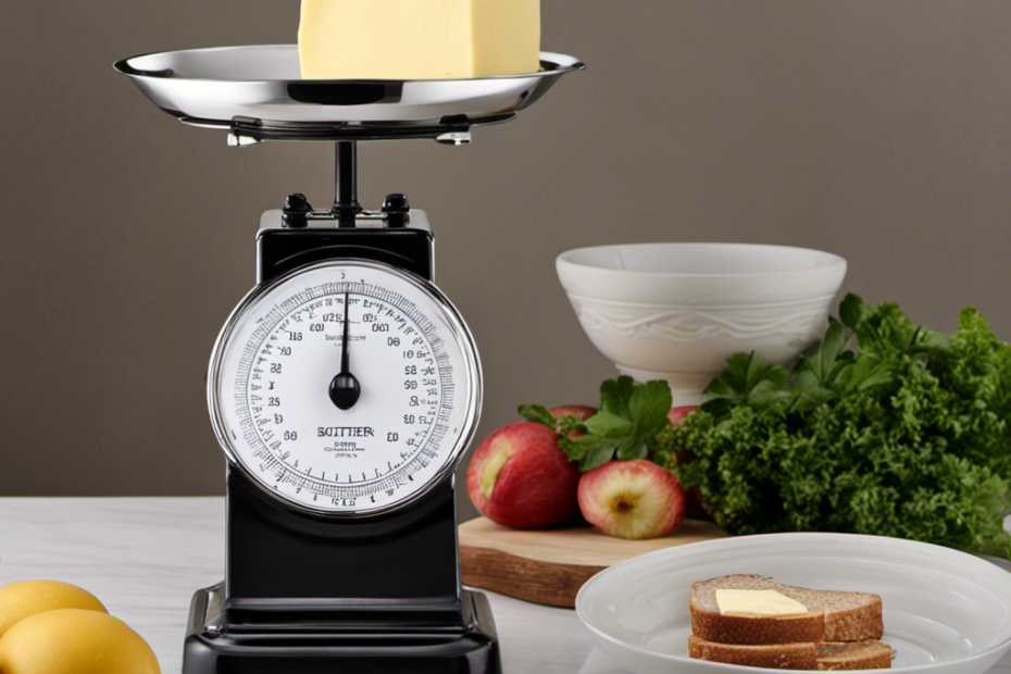 An image showcasing a classic kitchen scale with a small bowl containing exactly 4 tablespoons of butter