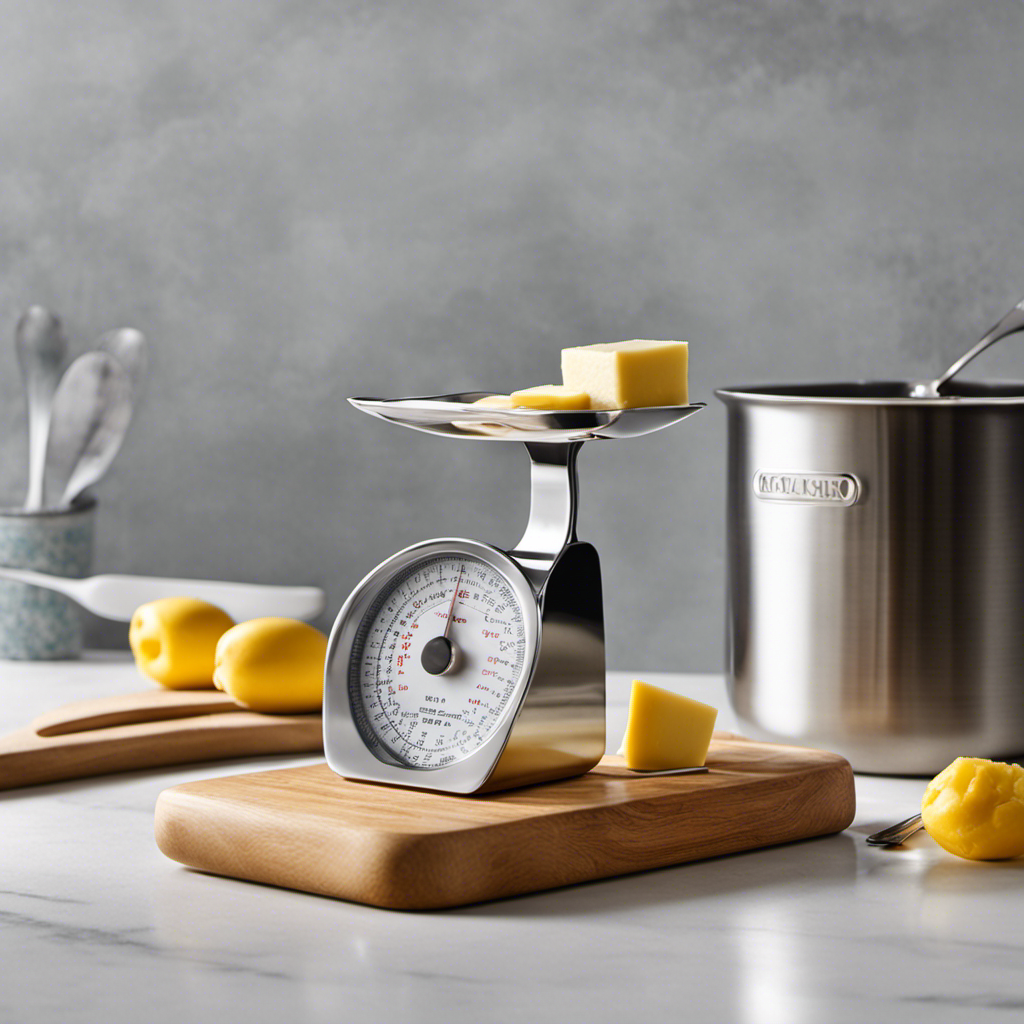 An image showcasing a sleek kitchen scale with a stick of butter on one side and six small measuring spoons, each representing one tablespoon, on the other side