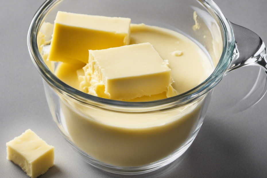 An image showcasing a clear glass measuring cup filled with creamy butter, perfectly leveled at the 1-cup mark