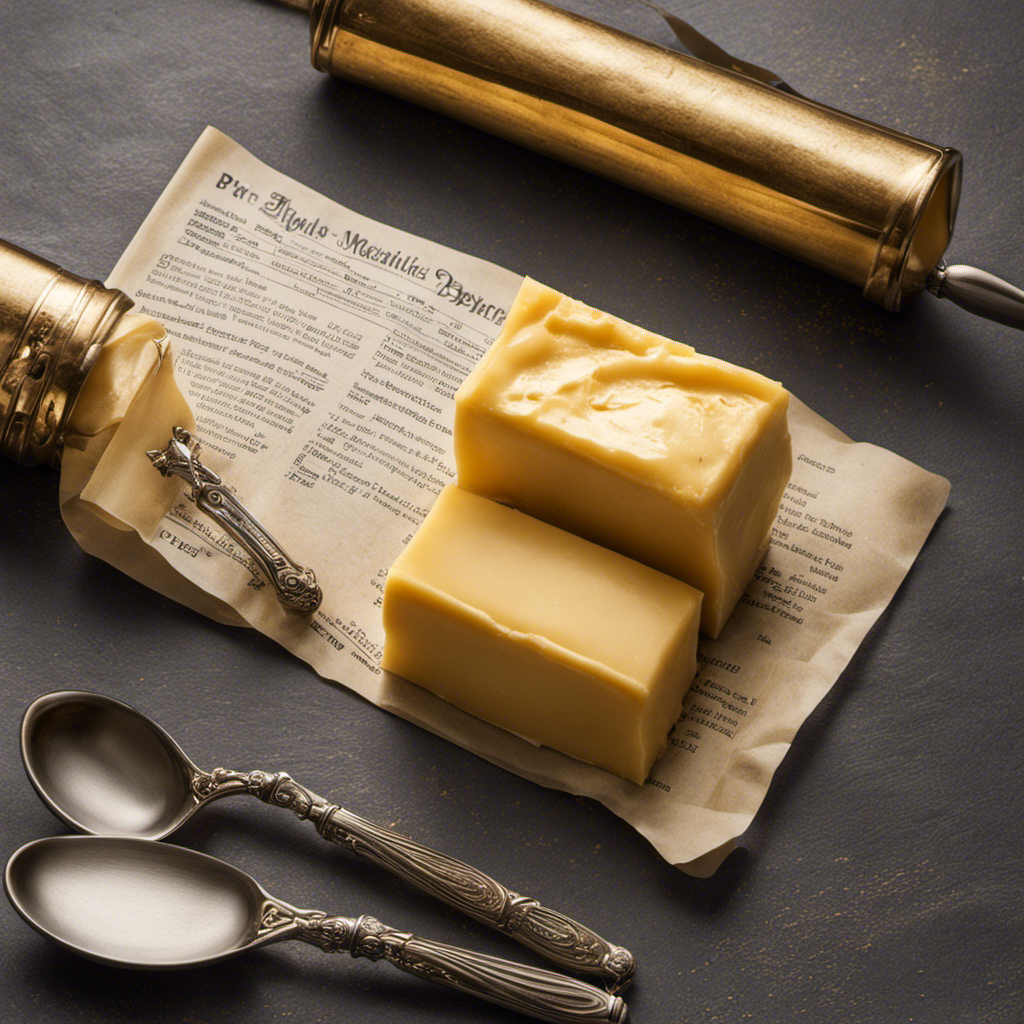 An image showcasing a golden stick of butter, perfectly wrapped in wax paper, with its weight measured on a kitchen scale, surrounded by scattered measuring spoons and a vintage recipe book