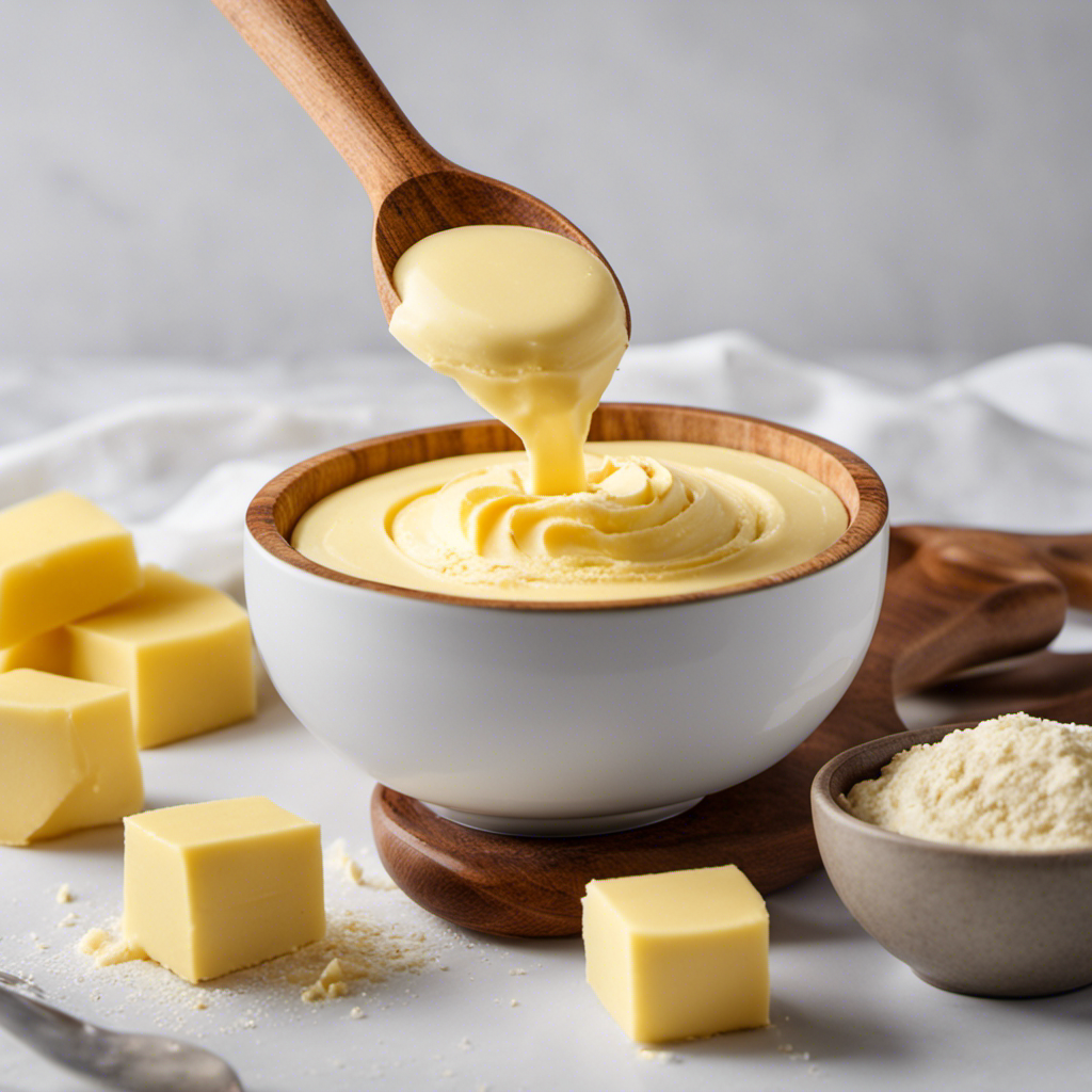 An image showcasing a wooden spoon with precisely measured, creamy butter filling a tablespoon