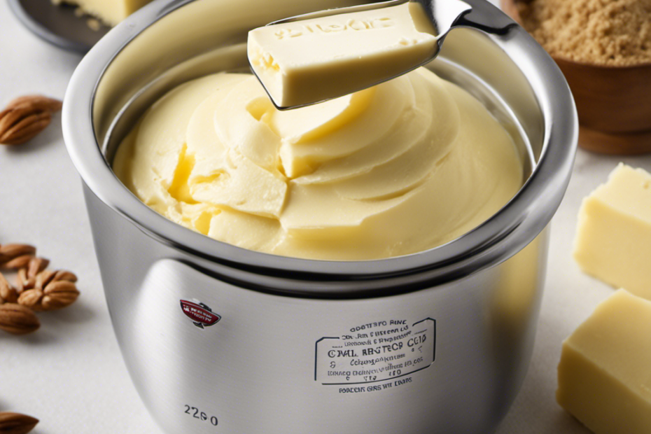 An image showcasing a measuring cup filled exactly halfway with creamy butter, capturing the precise measurement of half a cup (approximately 113 grams)