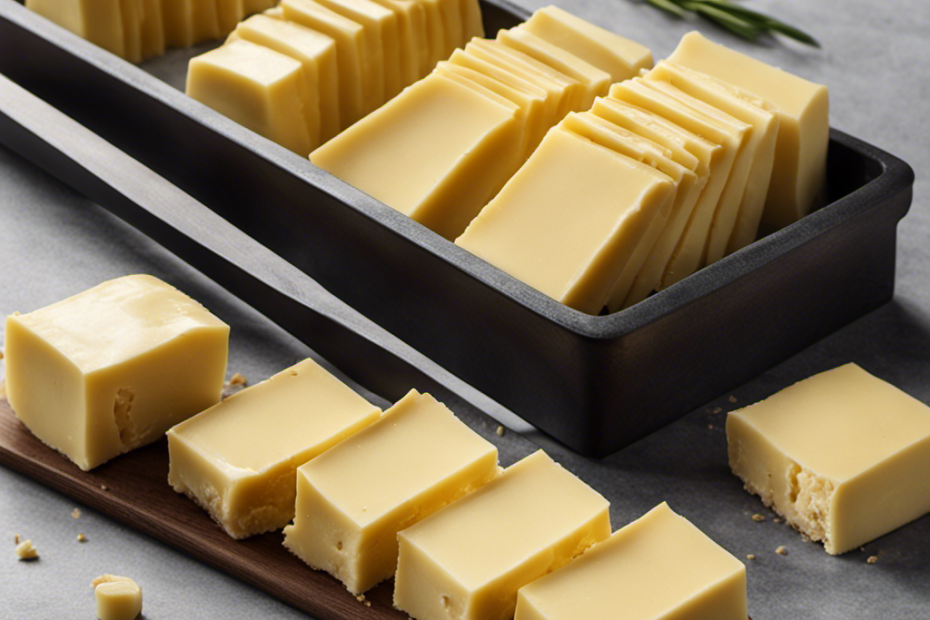 An image showing a stick of butter sliced into 8 equal portions, each measuring precisely 14 grams