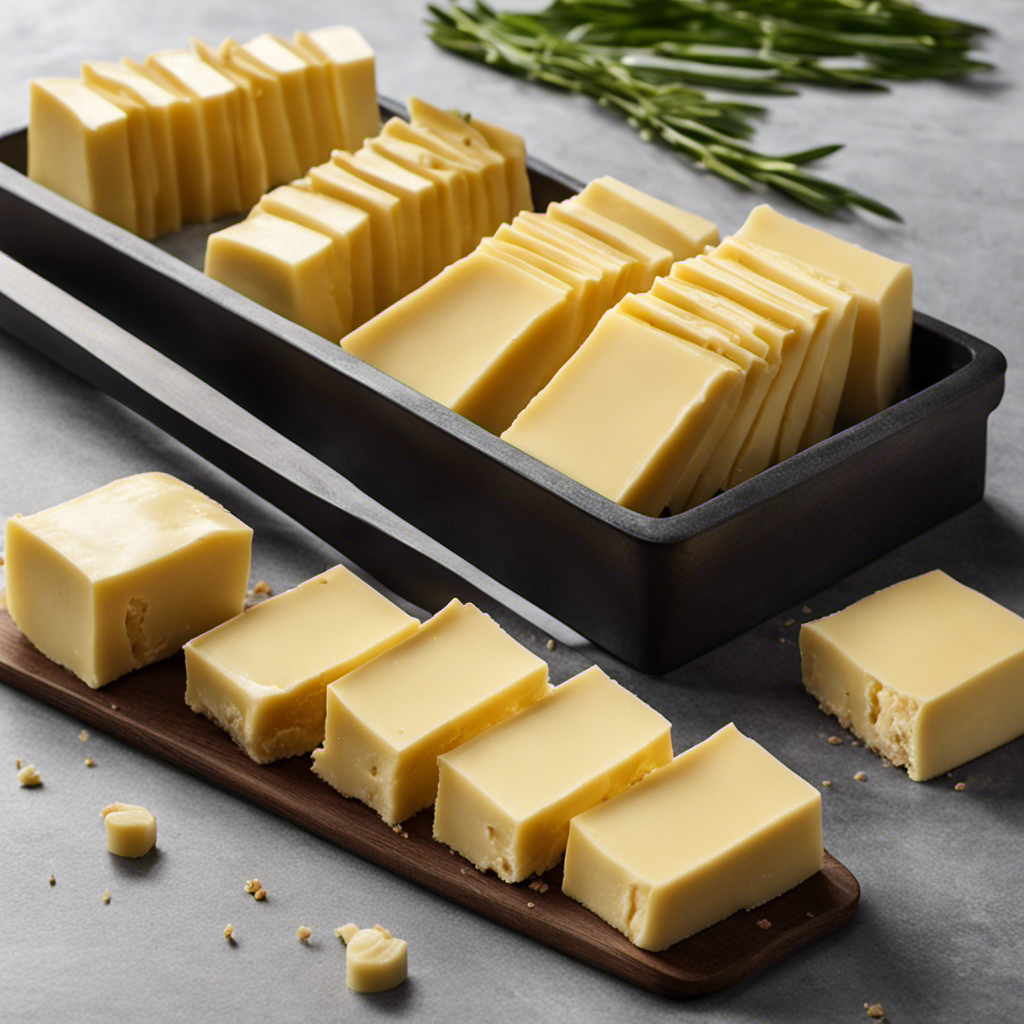 An image showing a stick of butter sliced into 8 equal portions, each measuring precisely 14 grams