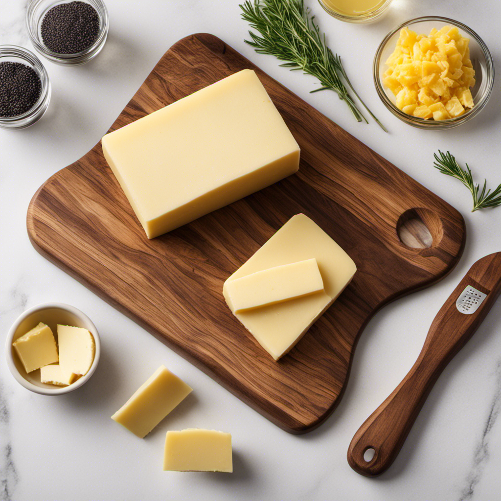 An image that showcases a wooden cutting board, adorned with a pristine stick of butter, precisely sliced into grams, and surrounded by a collection of delicate butter knives and a sleek digital kitchen scale