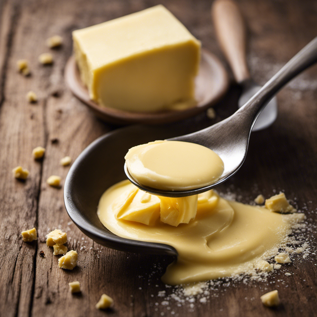 An image showcasing a leveled tablespoon filled with 14 grams of creamy butter, elegantly captured against a backdrop of a rustic wooden kitchen countertop