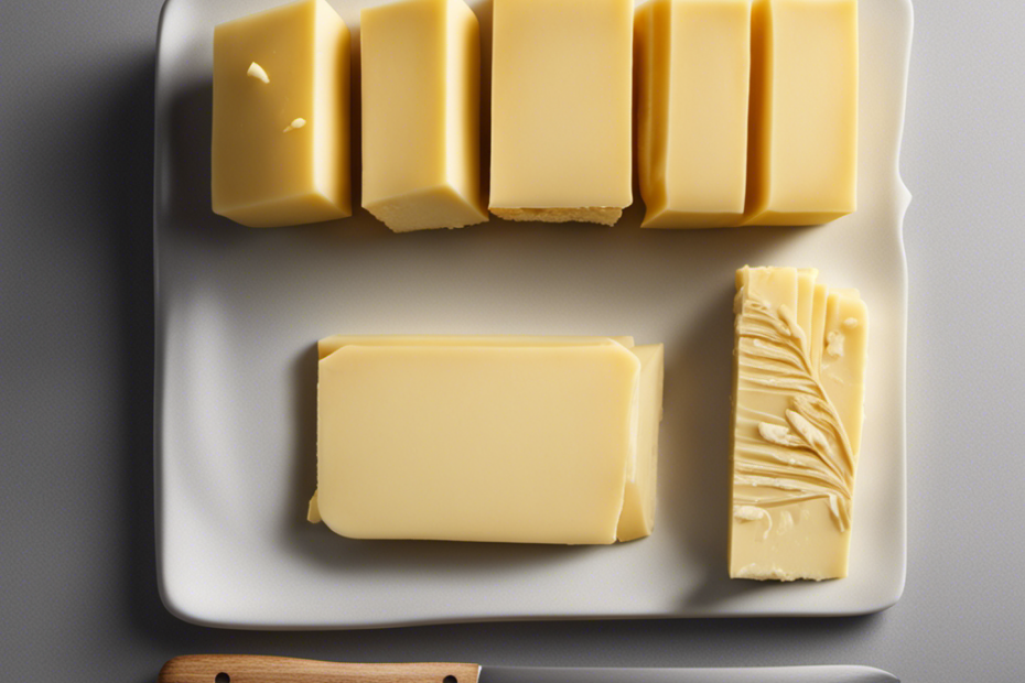 An image showcasing a stick of butter, sliced into precise grams to visually represent the fat content