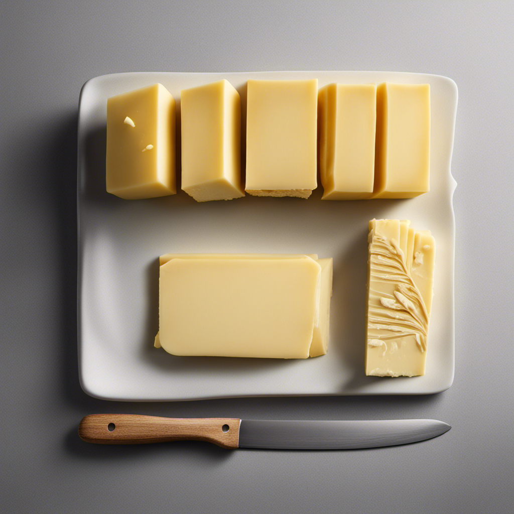 An image showcasing a stick of butter, sliced into precise grams to visually represent the fat content