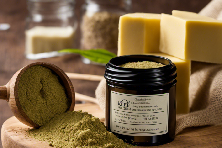 An image showcasing a stick of butter surrounded by a precise pile of kief, illustrating the perfect ratio