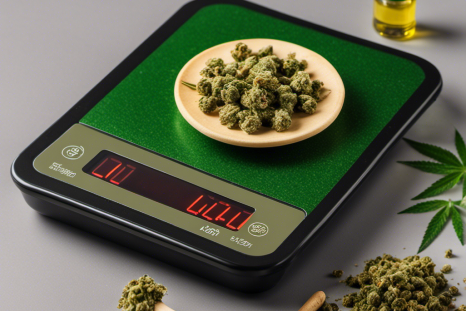 An image displaying a precise measurement of grams, using a digital kitchen scale, while a stick of butter and cannabis buds lie nearby