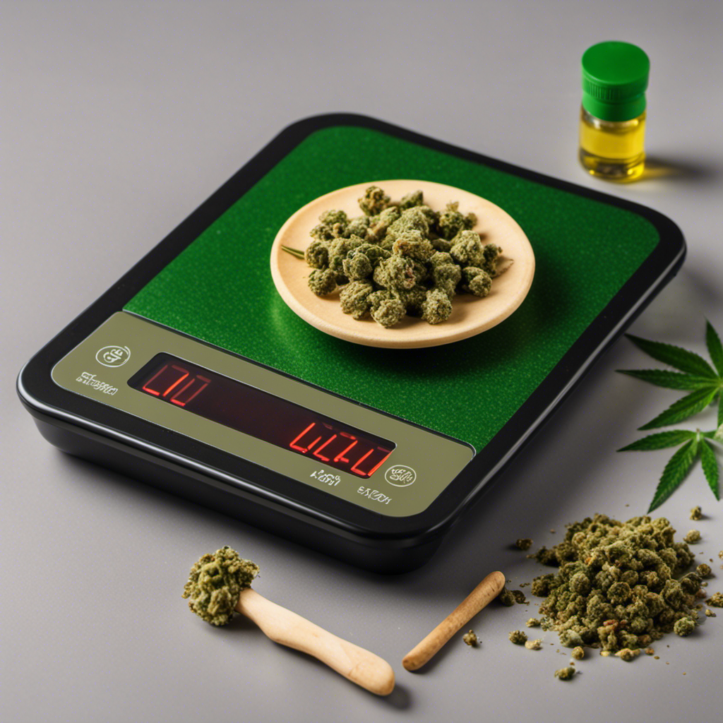 An image displaying a precise measurement of grams, using a digital kitchen scale, while a stick of butter and cannabis buds lie nearby
