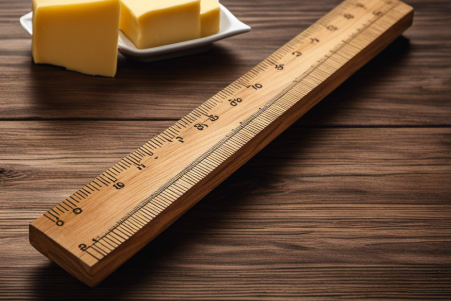An image showcasing a wooden ruler placed beside a stick of butter, highlighting the exact measurement of 4 inches