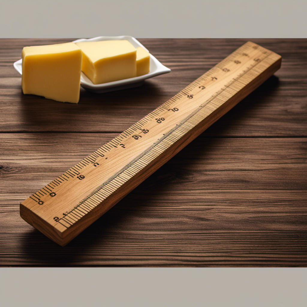 An image showcasing a wooden ruler placed beside a stick of butter, highlighting the exact measurement of 4 inches