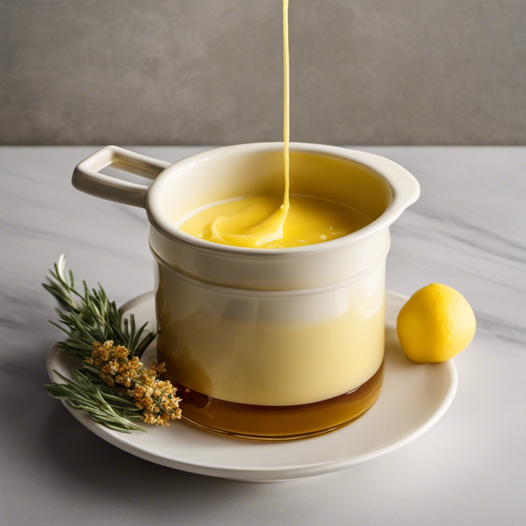 An image showcasing a measuring cup filled with melted butter, precisely measuring 8 ounces