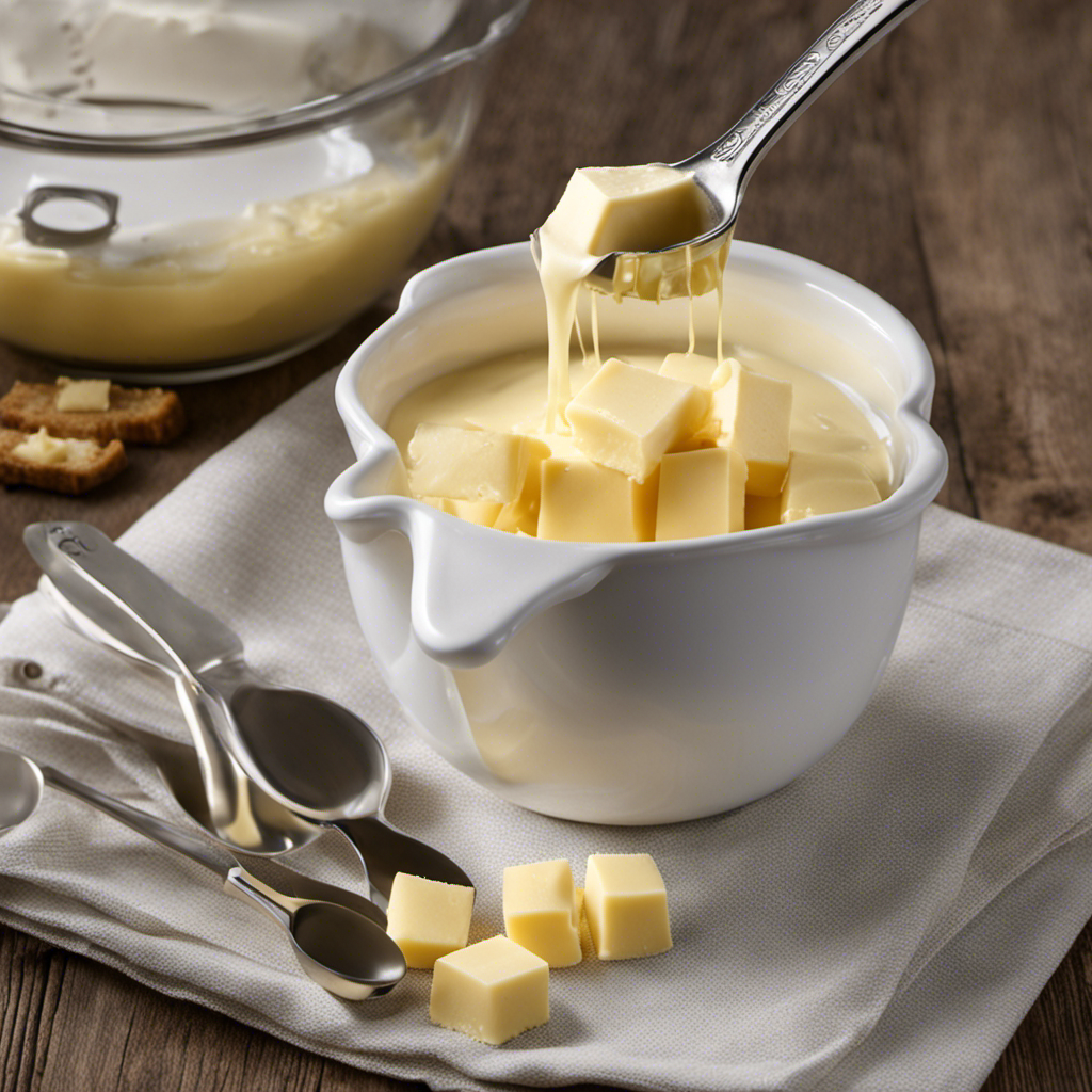 An image showcasing a measuring cup filled with creamy butter, melted to perfection, alongside a set of measuring spoons showcasing a precise conversion from ounces to cups