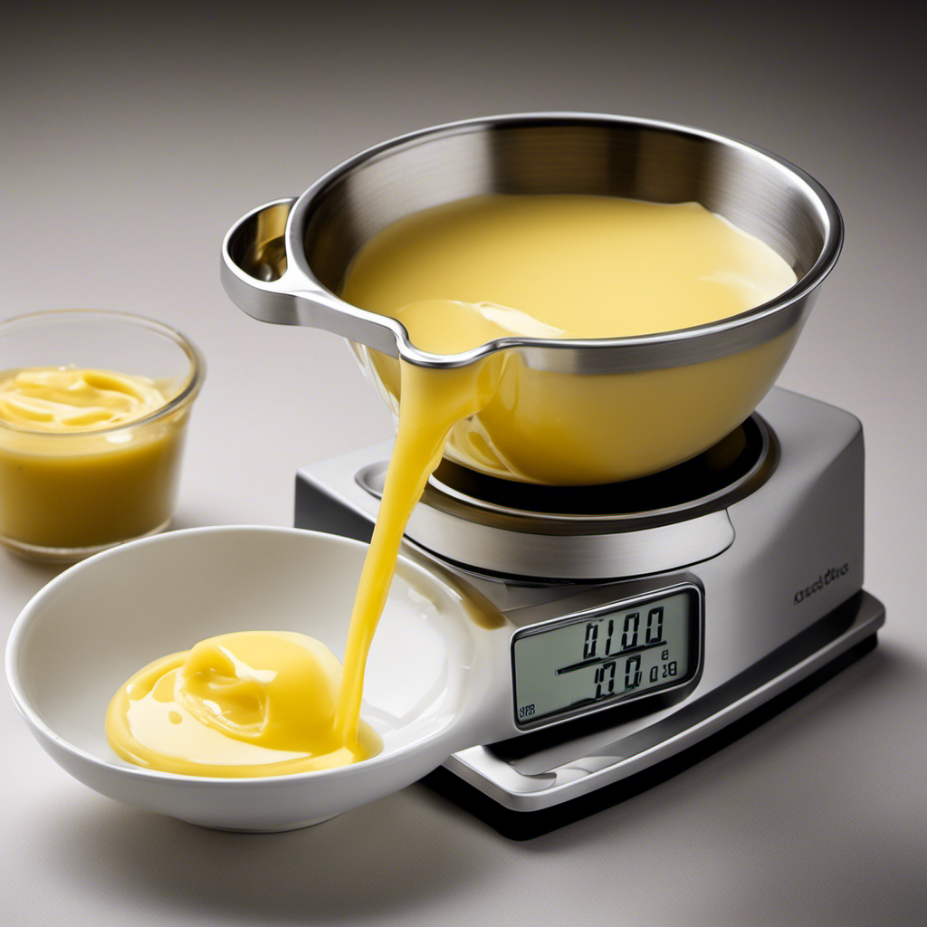 An image showcasing a measuring cup filled with melted butter, precisely pouring into a digital scale