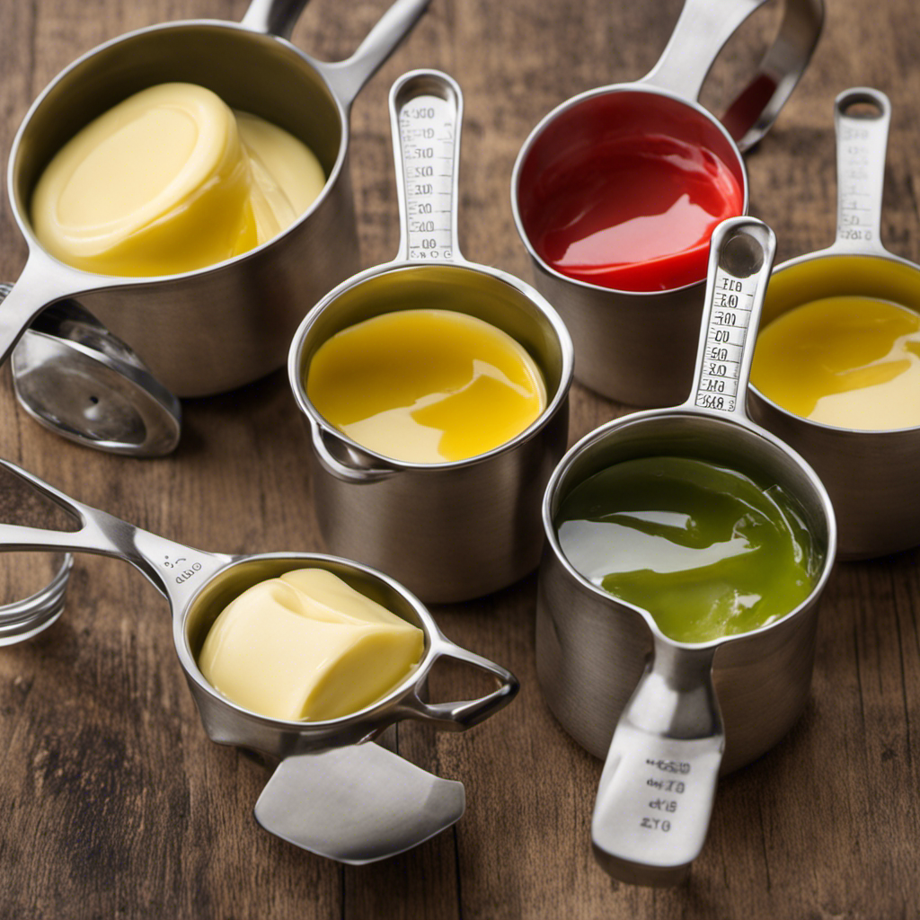 An image showcasing various measuring cups filled with melted butter, each labeled with their corresponding ounce measurement