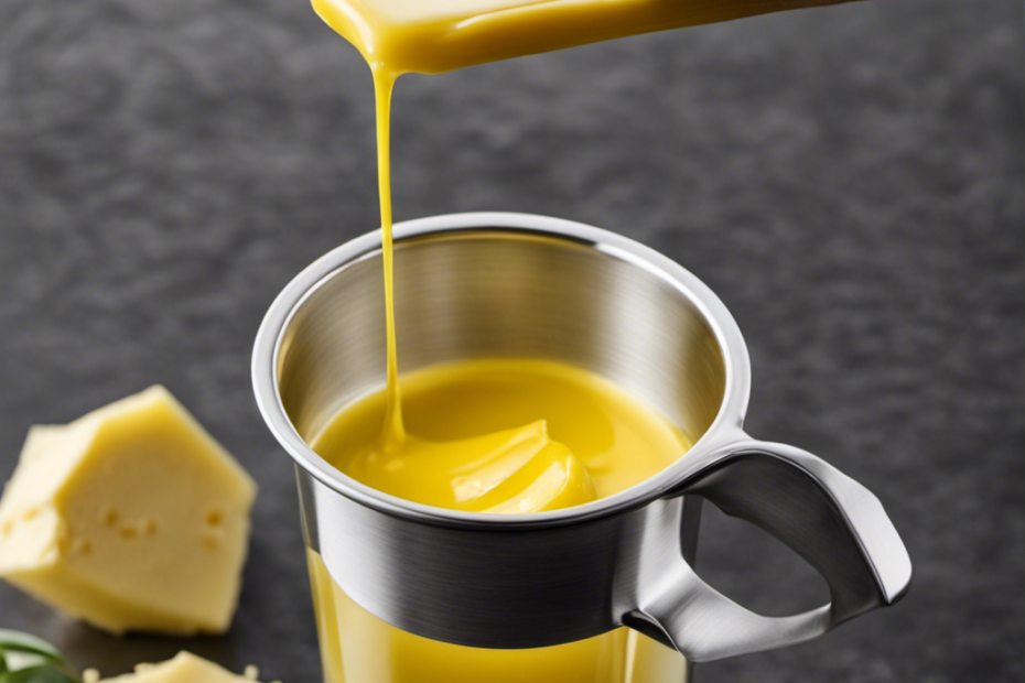 An image showcasing a measuring cup filled with melted butter, precisely 8 ounces, alongside an empty cup representing an equivalent measurement of solid butter