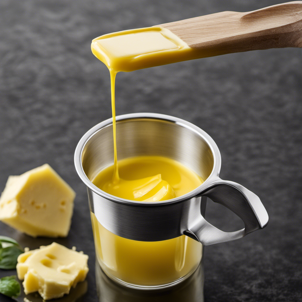 An image showcasing a measuring cup filled with melted butter, precisely 8 ounces, alongside an empty cup representing an equivalent measurement of solid butter