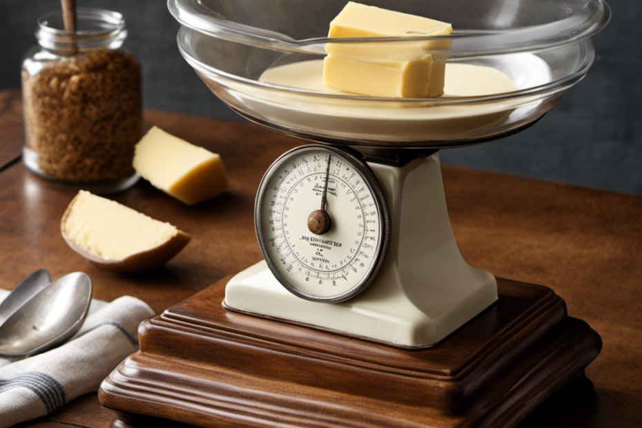 An image showcasing a vintage scale with a block of creamy butter weighing 16 ounces on one side, and an empty plate on the other side, emphasizing the measurement equivalence between a pound and 16 ounces