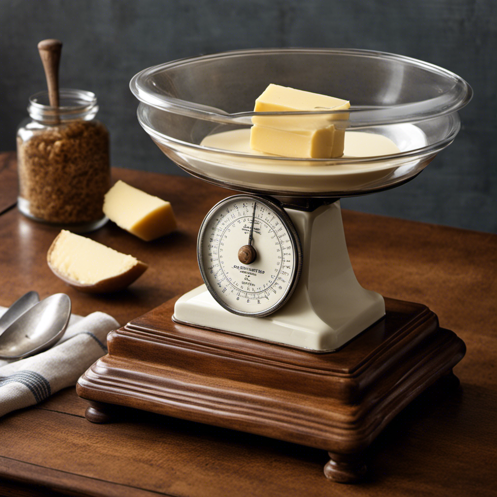 An image showcasing a vintage scale with a block of creamy butter weighing 16 ounces on one side, and an empty plate on the other side, emphasizing the measurement equivalence between a pound and 16 ounces