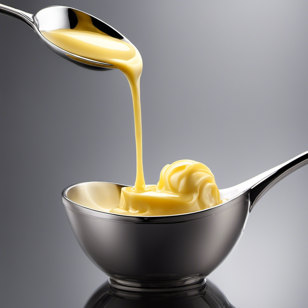 An image capturing a silver tablespoon delicately holding a pat of creamy butter, while a transparent measuring cup gracefully pours golden liquid, symbolizing the conversion of tablespoons to ounces