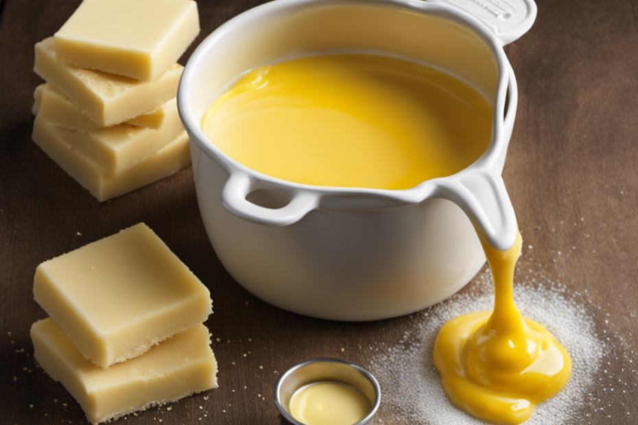 An image showcasing a measuring cup filled with melted butter, precisely reaching the 8-ounce mark