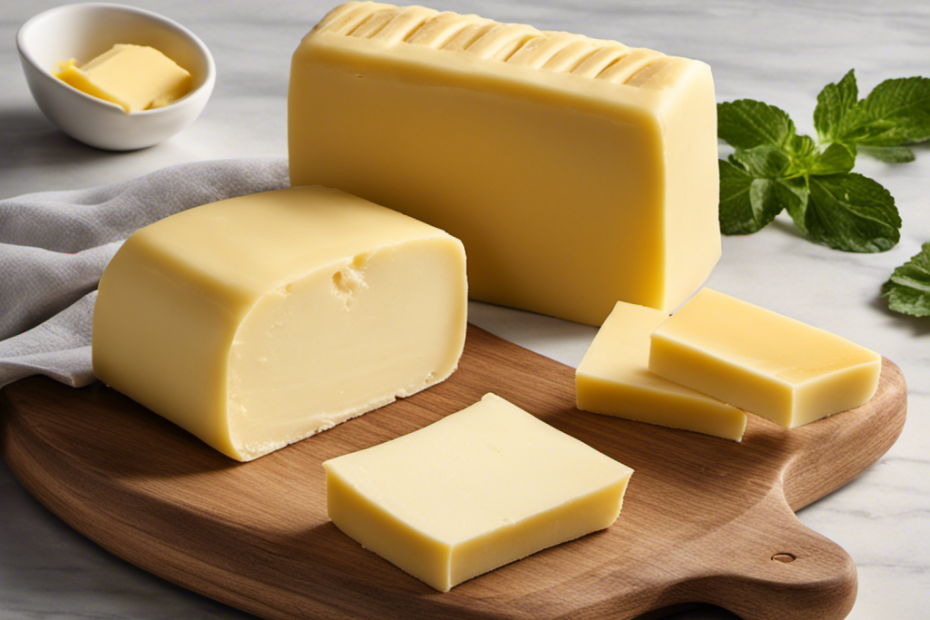 An image showcasing a stick of butter, precisely sliced into eight equal sections, each labeled with the corresponding weight in ounces, vividly illustrating the measurement of one stick of butter