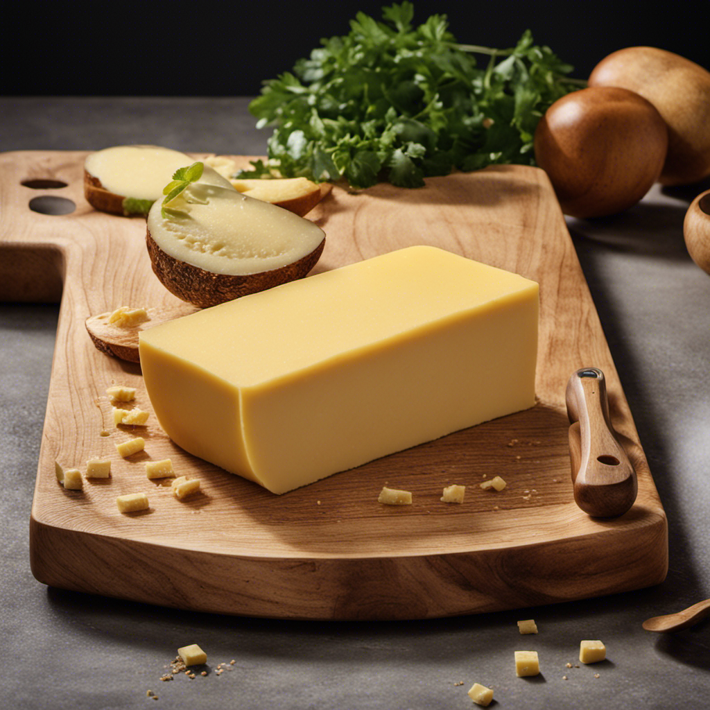An image that showcases a wooden cutting board, adorned with a single stick of creamy, golden butter