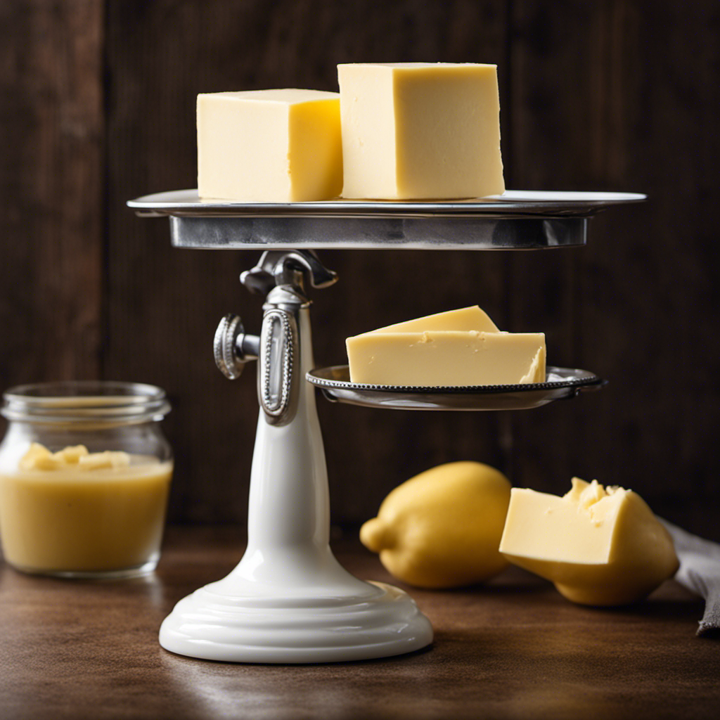 An image showcasing two identical, creamy yellow sticks of butter, delicately wrapped in paper, resting on a vintage kitchen scale