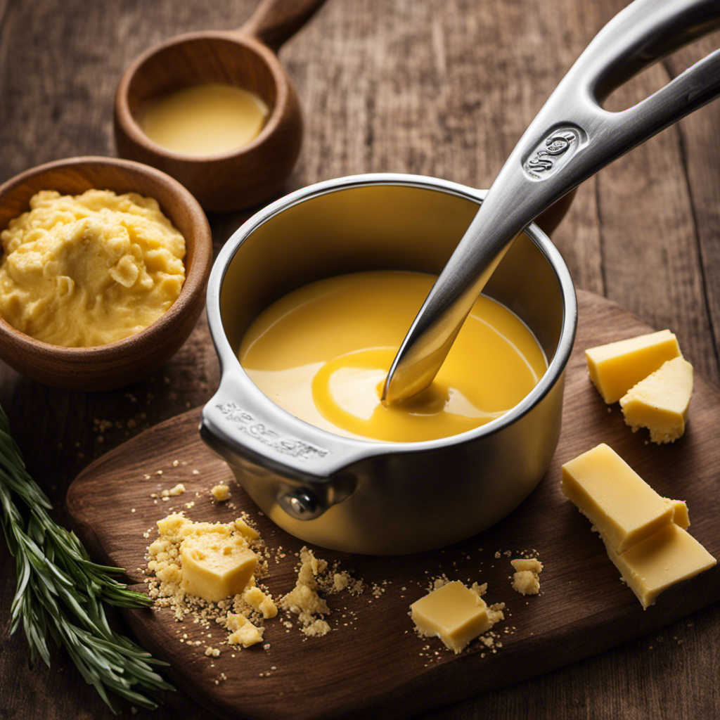 An image displaying a measuring cup filled with precisely 6 tablespoons of creamy, golden butter, perfectly melted and ready to enhance your culinary creations