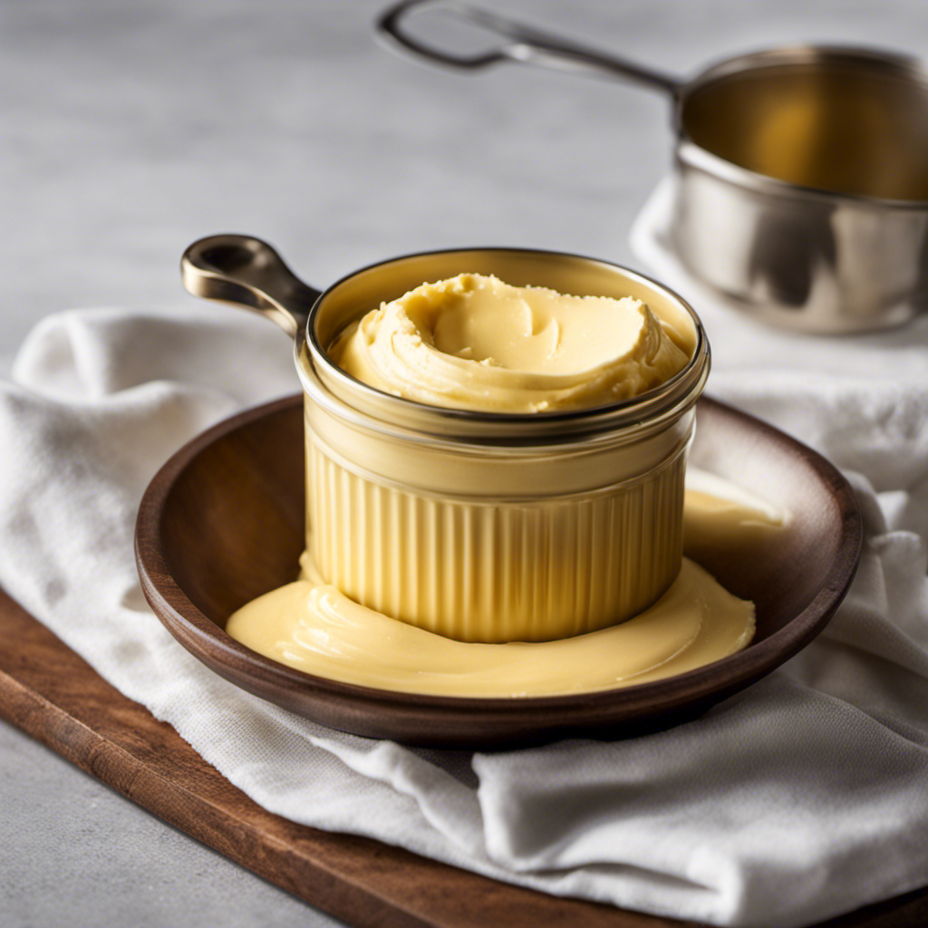 An image showcasing a measuring cup filled with creamy, golden butter, precisely measuring 8 ounces