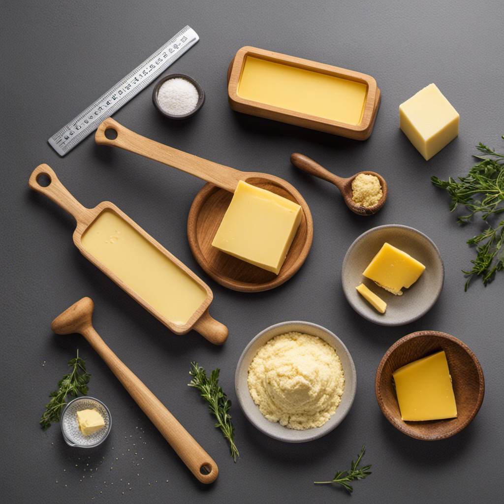 An image showcasing a variety of butter stick sizes alongside measuring tools like a ruler and a kitchen scale, emphasizing the importance of precise measurements for recipe success