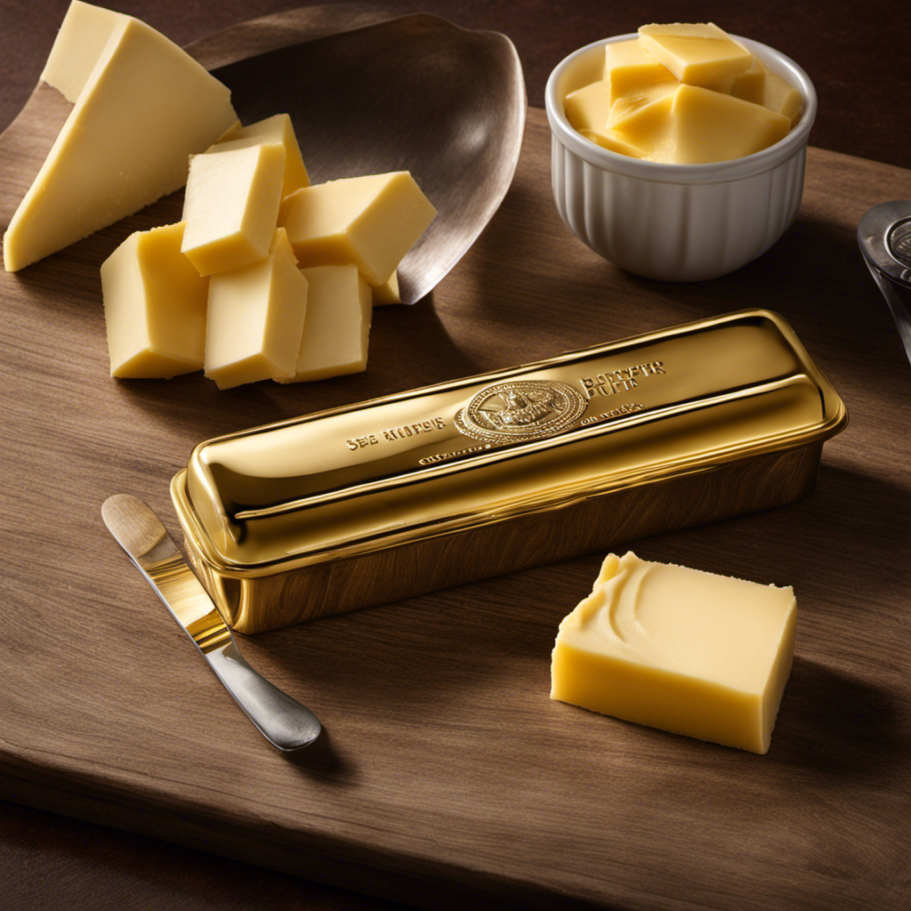 An image showcasing a golden stick of butter, measuring precisely 4 ounces