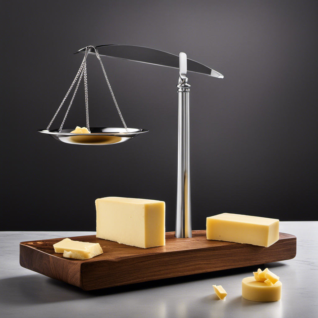 An image showcasing a single stick of butter placed on a kitchen scale, perfectly balanced, with the weight displayed in ounces