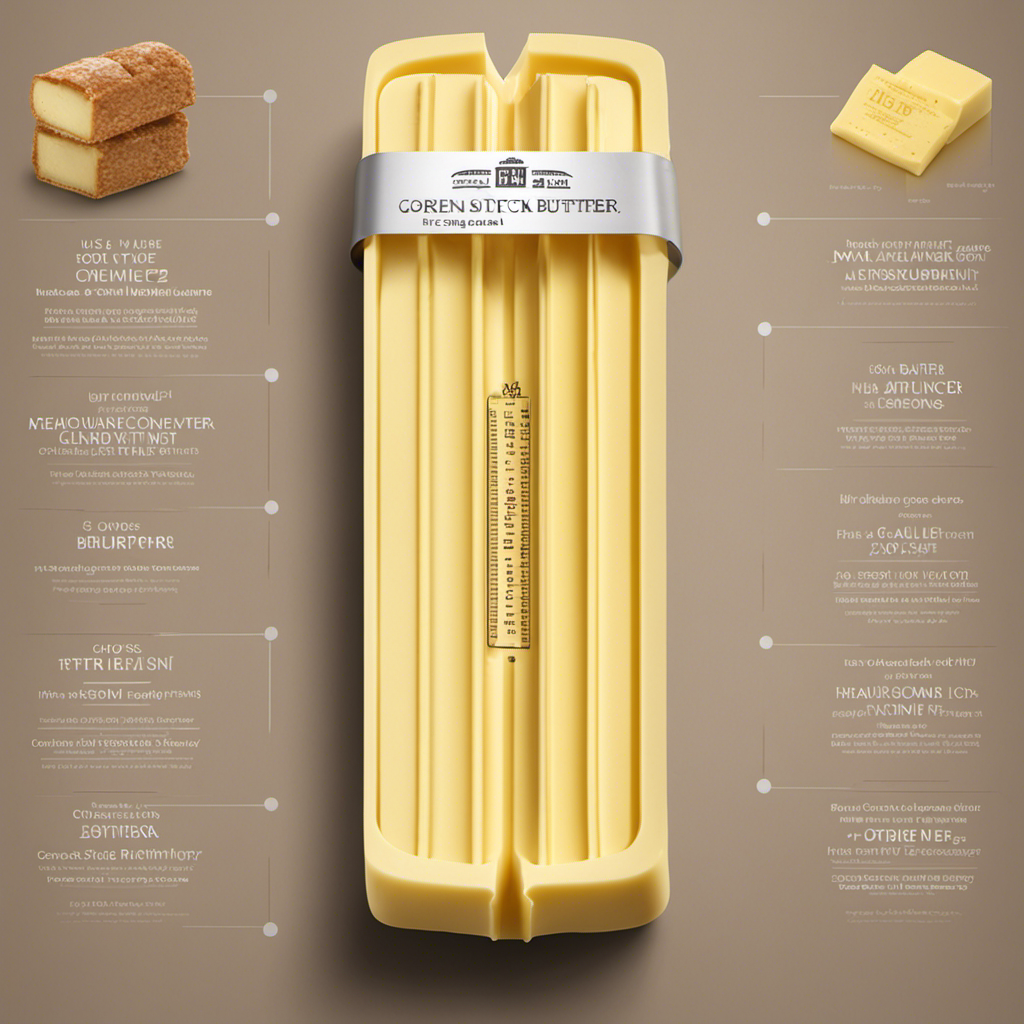 An image depicting a stick of butter that is visually divided into smaller sections, each labeled with the corresponding ounce measurement