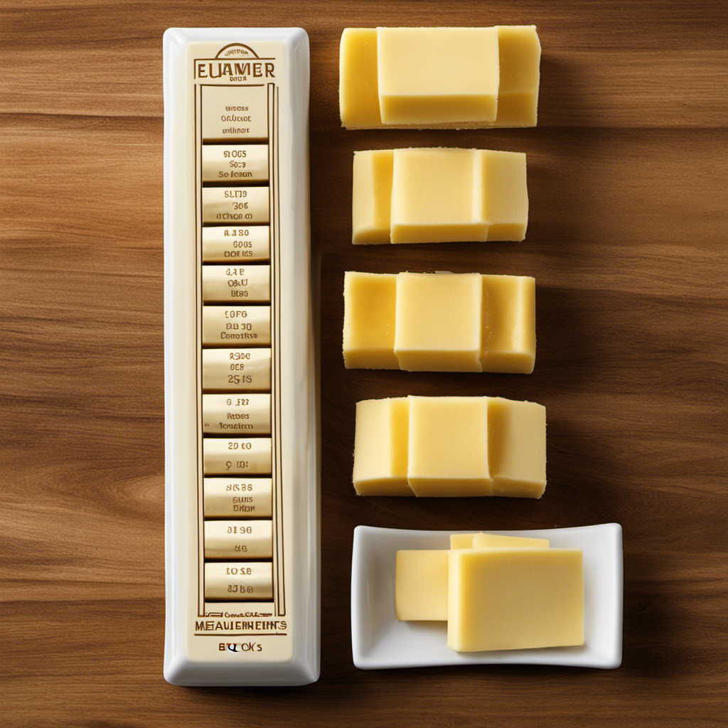 An image showcasing a butter stick visually divided into 8 equal sections, each section labeled with the corresponding ounce measurement, highlighting how to measure butter sticks without a scale