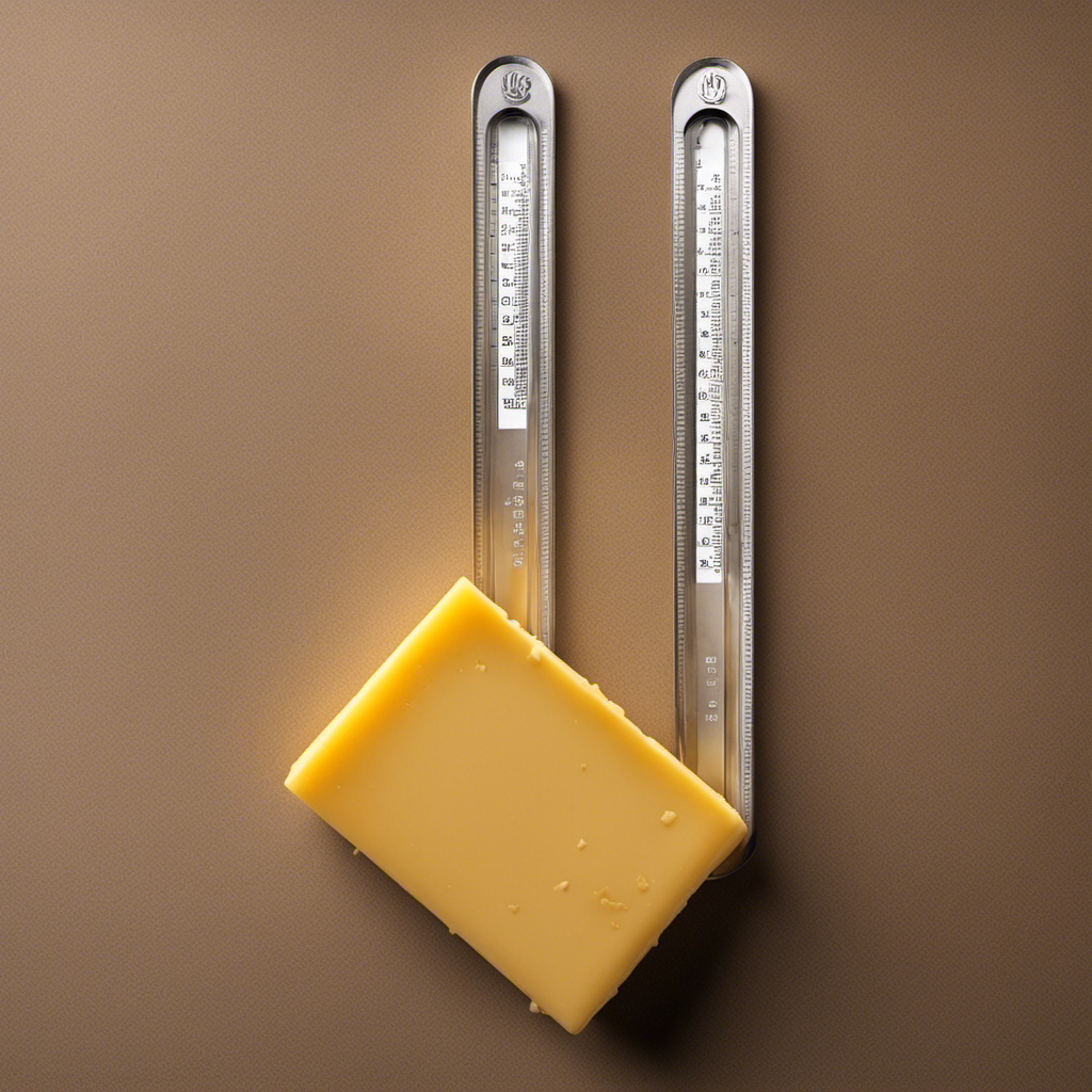 An image that showcases a close-up view of a measuring scale with a stick of butter precisely balanced on it