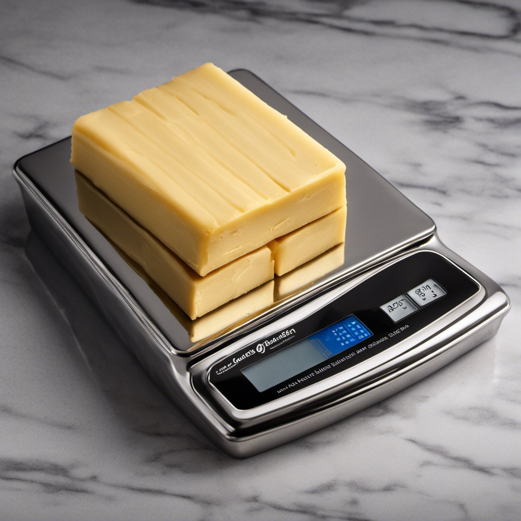 An image showcasing a stack of golden, rectangular butter sticks, neatly lined up next to a precision kitchen scale
